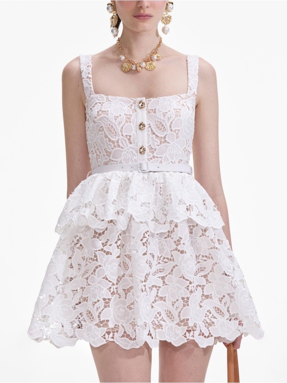 Self-Portrait White Lace Tiered Peplum Mini Dress US 6